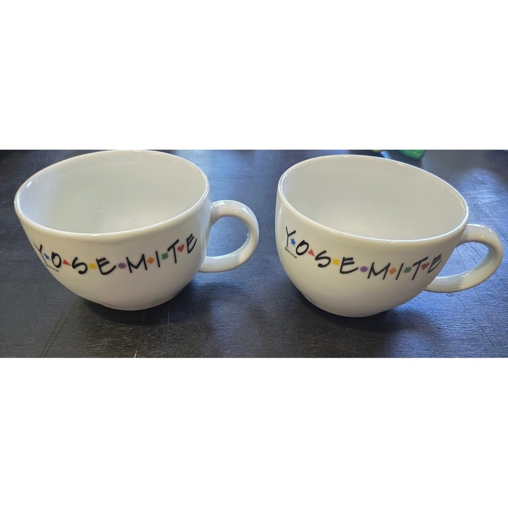 Set of 2 Yosemite Souvenir Coffee Mugs White Friends Style Font Ceramic Cups